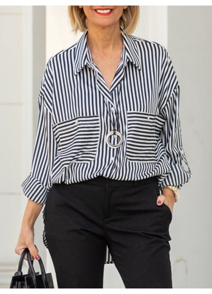 Black and white striped pocket rolled sleeve shirt