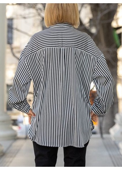 Black and white striped pocket rolled sleeve shirt