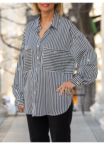 Black and white striped pocket rolled sleeve shirt