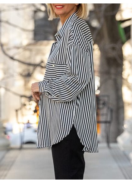 Black and white striped pocket rolled sleeve shirt