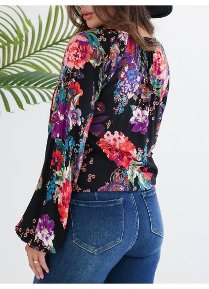 Black floral pattern bubble sleeve tie up top