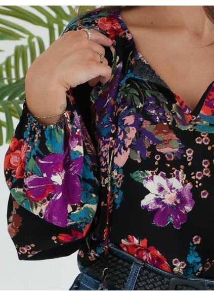 Black floral pattern bubble sleeve tie up top