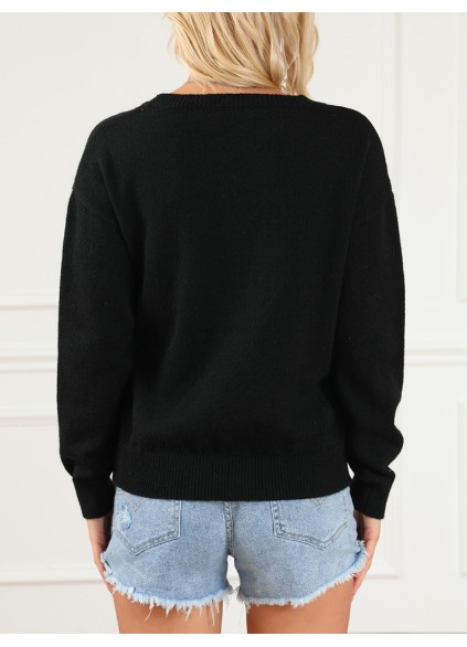 Black Holly Jolly Round Neck Casual Sweater