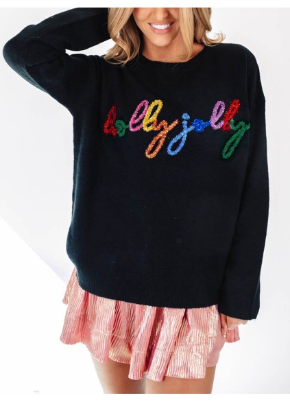 Black Holly Jolly Round Neck Casual Sweater