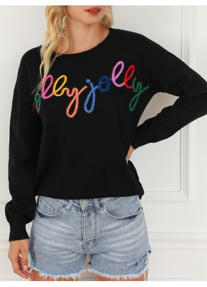 Black Holly Jolly Round Neck Casual Sweater