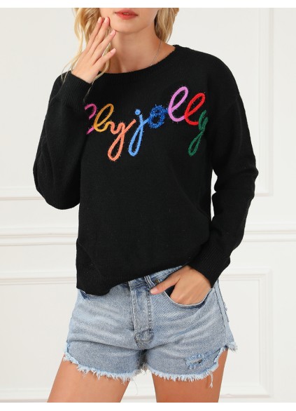 Black Holly Jolly Round Neck Casual Sweater