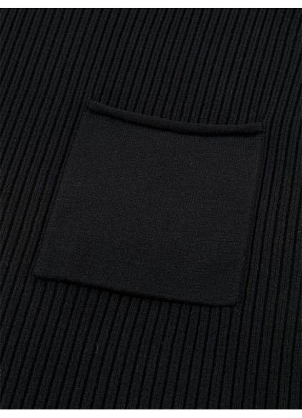 Black Patch Pocket Ribbed Knit Short Sleeve Sweater