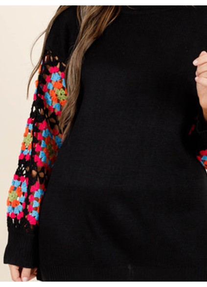 Black patchwork colorful embroidered sleeve sweater