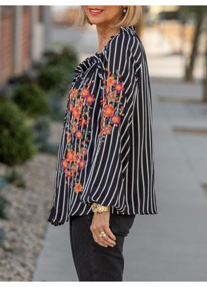 Black striped floral and plant embroidered shirt