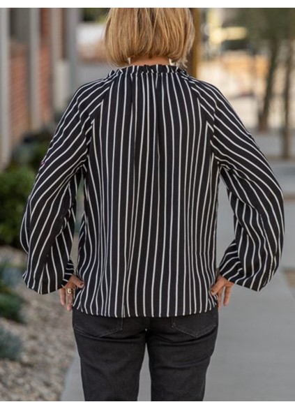 Black striped floral and plant embroidered shirt