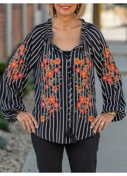 Black striped floral and plant embroidered shirt