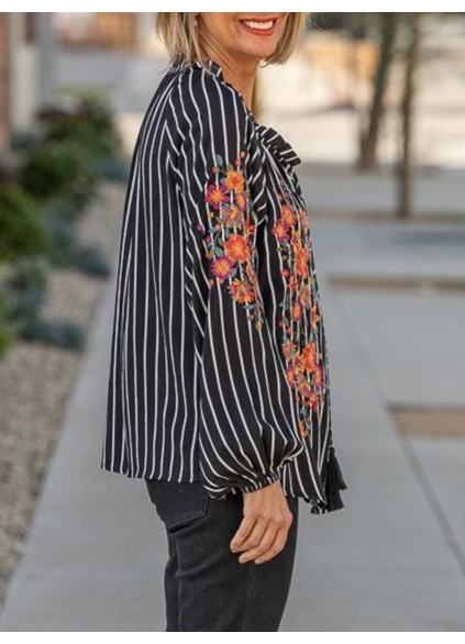 Black striped floral and plant embroidered shirt