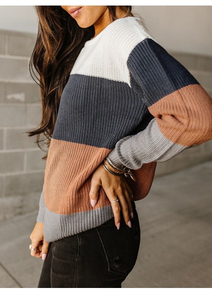 Block Knitted O-neck Pullover Sweater