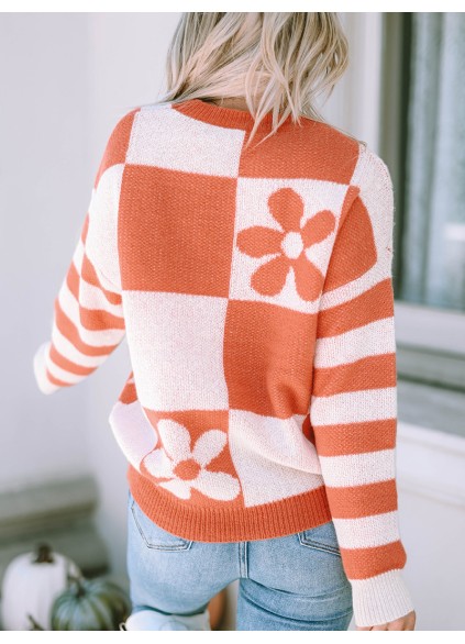 Brown Checkered Floral Print Striped Sleeve Sweater