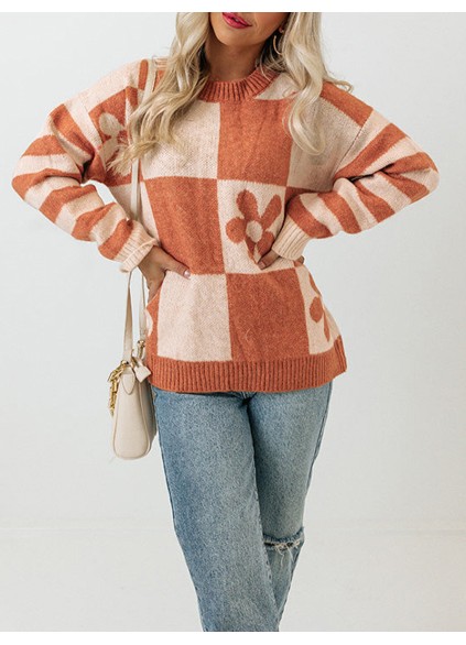 Brown Checkered Floral Print Striped Sleeve Sweater