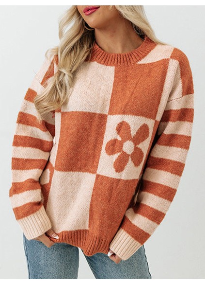 Brown Checkered Floral Print Striped Sleeve Sweater