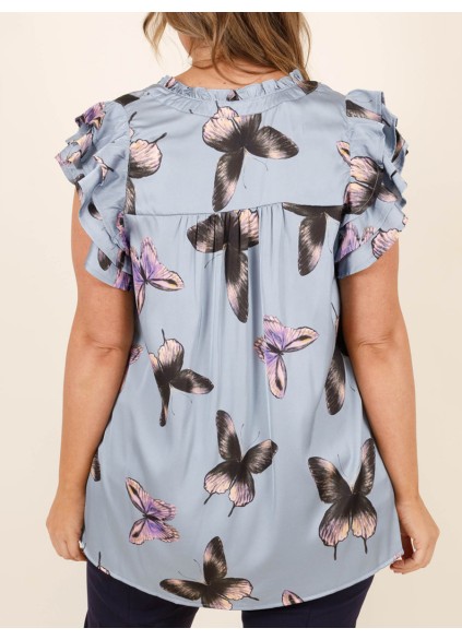 Butterfly printed layered ruffled short sleeved shirt