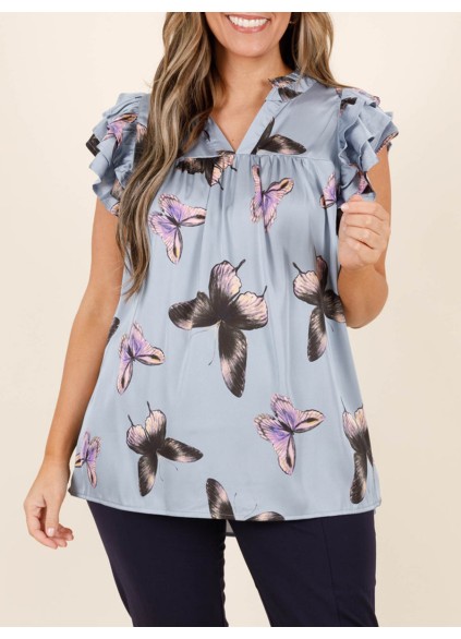 Butterfly printed layered ruffled short sleeved shirt