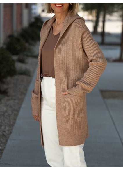 Camel long hooded cardigan with pockets