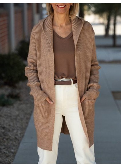 Camel long hooded cardigan with pockets