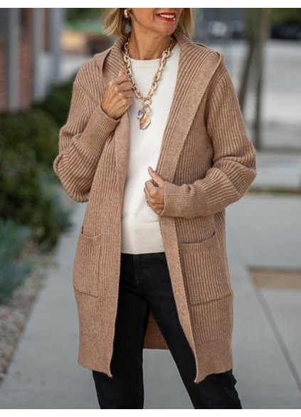 Camel long hooded cardigan with pockets