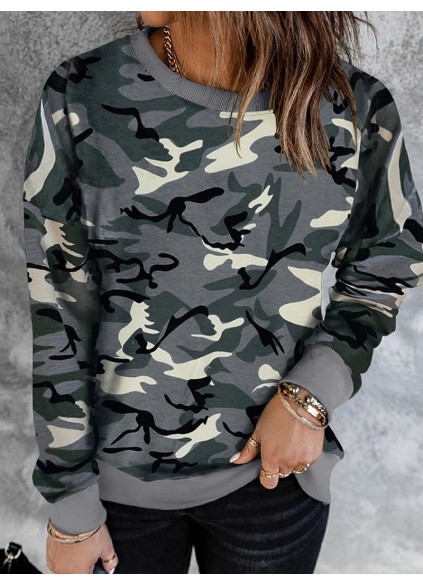 Casual camouflage print crew neck sweatshirt