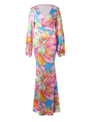 Casual colorful printed V-neck dress