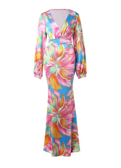 Casual colorful printed V-neck dress