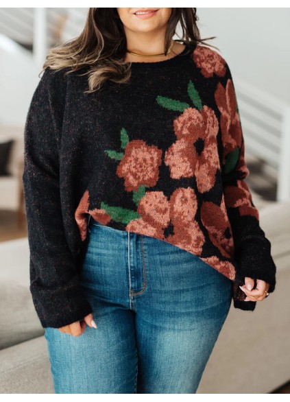 Casual contrasting floral pattern solid color sweater