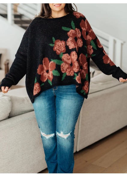 Casual contrasting floral pattern solid color sweater