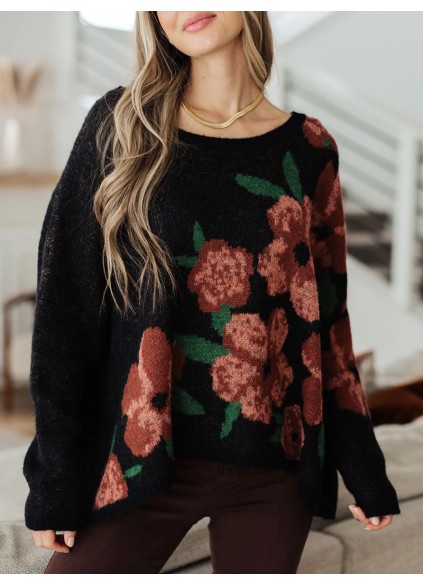 Casual contrasting floral pattern solid color sweater