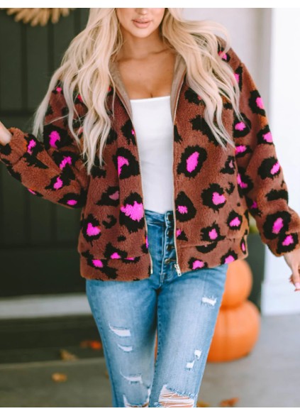 Casual contrasting leopard print sherpa jacket