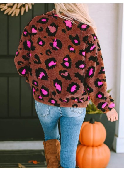 Casual contrasting leopard print sherpa jacket