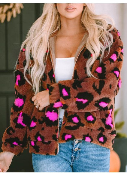 Casual contrasting leopard print sherpa jacket