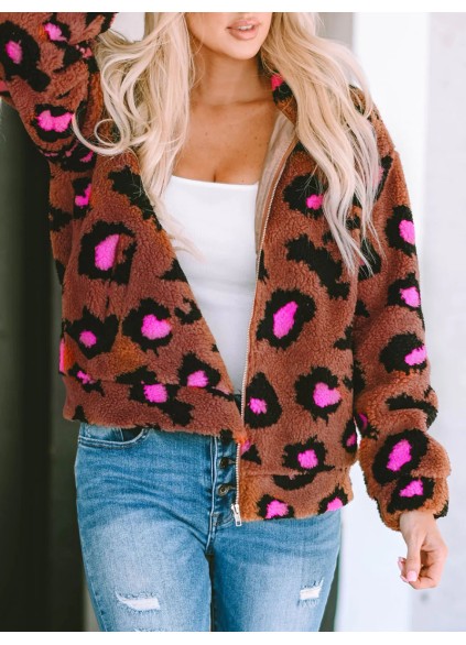 Casual contrasting leopard print sherpa jacket