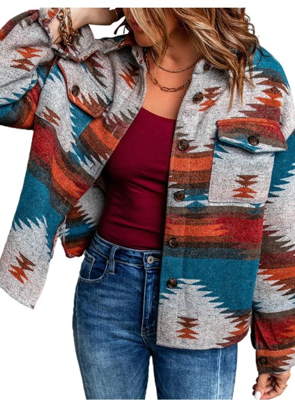 Casual ethnic print pocket long sleeve jacket