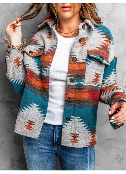 Casual ethnic print pocket long sleeve jacket