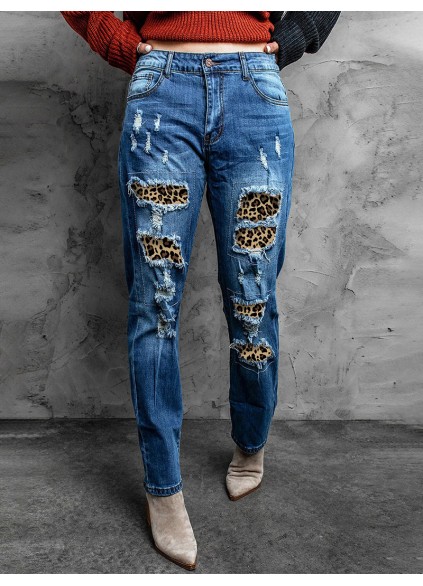 Casual leopard print patchwork jeans