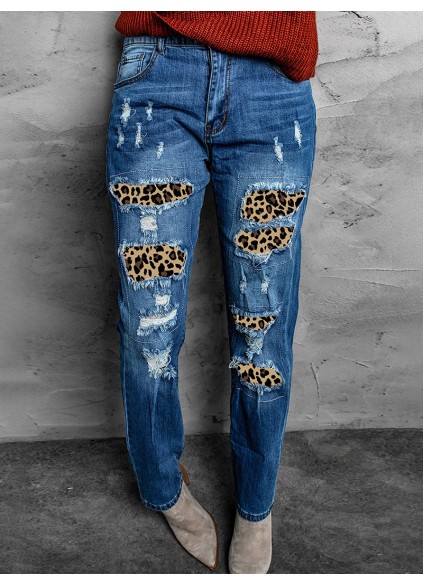 Casual leopard print patchwork jeans