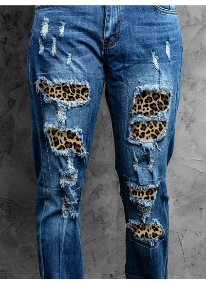 Casual leopard print patchwork jeans