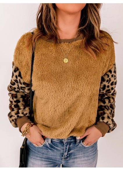 Casual leopard print patchwork plush sweatshirt