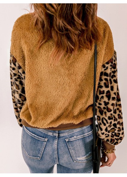 Casual leopard print patchwork plush sweatshirt