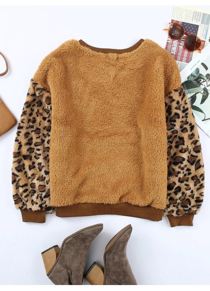 Casual leopard print patchwork plush sweatshirt