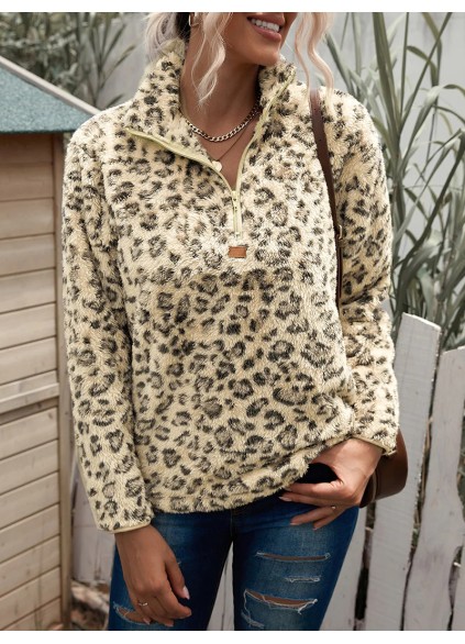 casual leopard print zipper sweatshirt