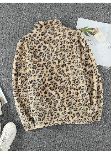 casual leopard print zipper sweatshirt