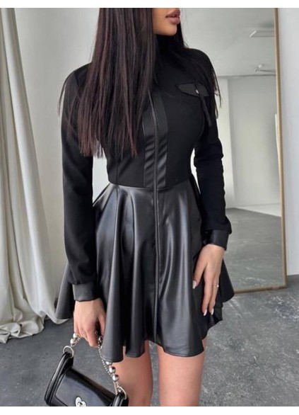 Casual long-sleeve leather panel dress