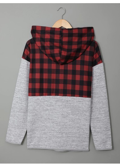 Casual red and black plaid hooded sweatshirt