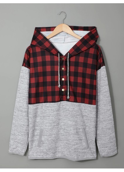 Casual red and black plaid hooded sweatshirt