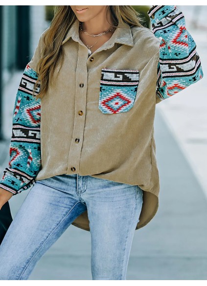 Casual retro printed patchwork corduroy jacket