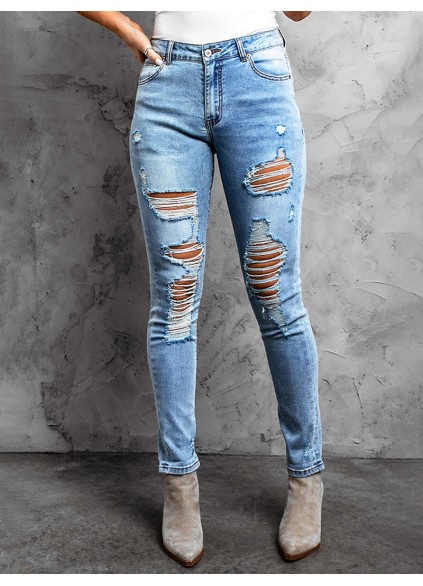 Casual ripped solid color women's jeans